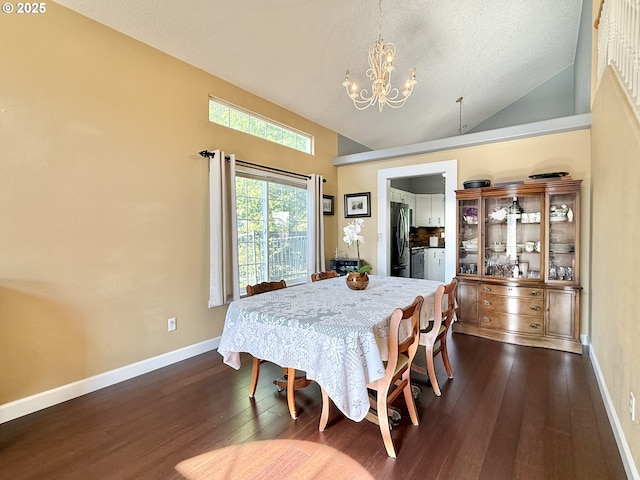 2942 NW Watkins Ct, Camas, WA 98607 - dining room with a chandelier, dark wood-style floors, high vaulted ceiling, and a textured ceiling
