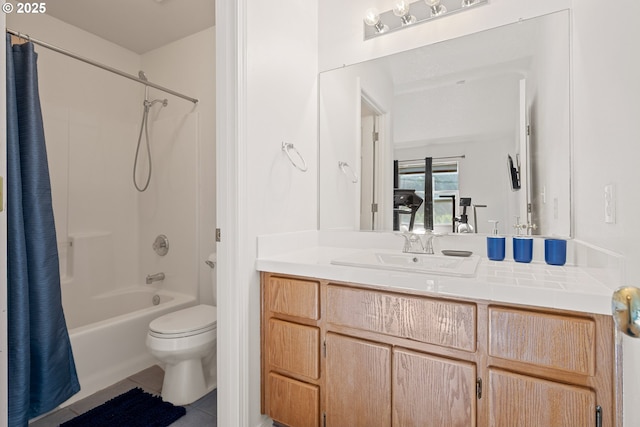 bathroom featuring vanity, tile patterned floors, toilet, and shower / tub combo