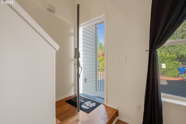 entrance foyer with baseboards and wood finished floors