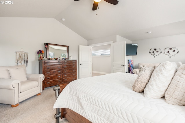 carpeted bedroom with lofted ceiling and ceiling fan