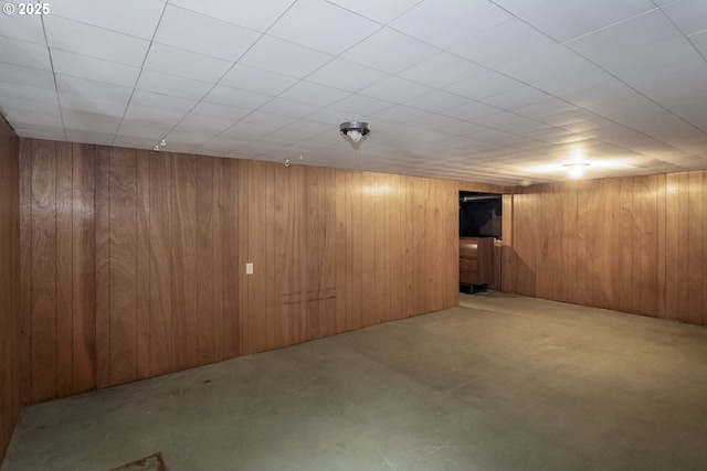finished basement featuring wooden walls