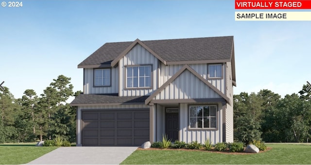 view of front facade with board and batten siding, a front yard, roof with shingles, driveway, and an attached garage