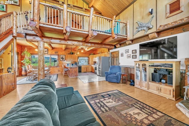 95787 Territorial Hwy, Monroe, OR 97456 - living room featuring wood ceiling, light wood-type flooring, wooden walls, beam ceiling, and high vaulted ceiling