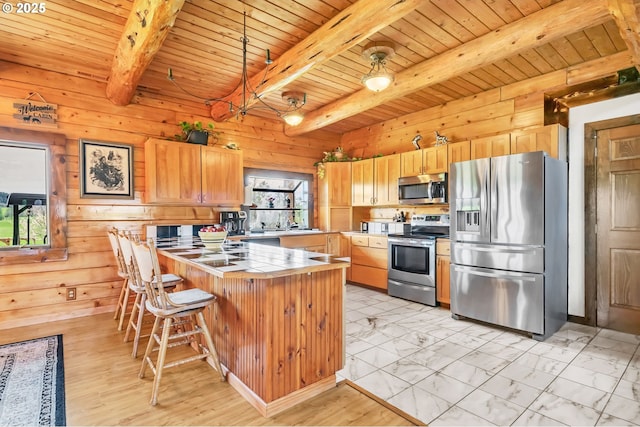 95787 Territorial Hwy, Monroe, OR 97456 - kitchen with stainless steel appliances, a peninsula, tile countertops, wooden walls, and beam ceiling