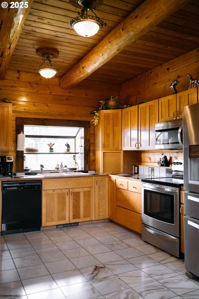 95787 Territorial Hwy, Monroe, OR 97456 - kitchen with stainless steel appliances, wood ceiling, beamed ceiling, wooden walls, and a sink