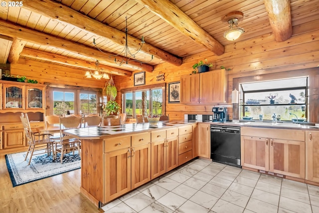 95787 Territorial Hwy, Monroe, OR 97456 - kitchen with dishwasher, a sink, a peninsula, beam ceiling, and wood ceiling
