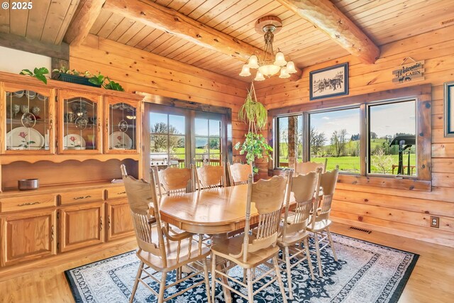 95787 Territorial Hwy, Monroe, OR 97456 - dining area featuring wood ceiling, beamed ceiling, light wood finished floors, wooden walls, and a chandelier