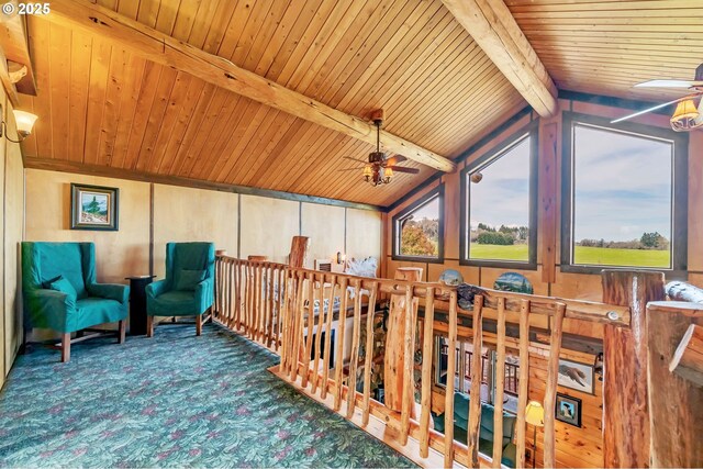 95787 Territorial Hwy, Monroe, OR 97456 - sitting room with carpet floors, wood ceiling, and a ceiling fan