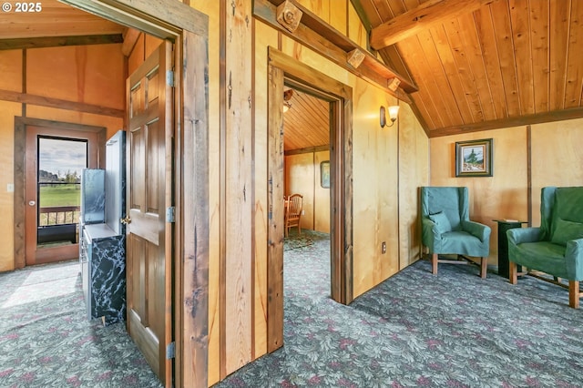95787 Territorial Hwy, Monroe, OR 97456 - hallway featuring carpet, wooden ceiling, lofted ceiling, and wood walls