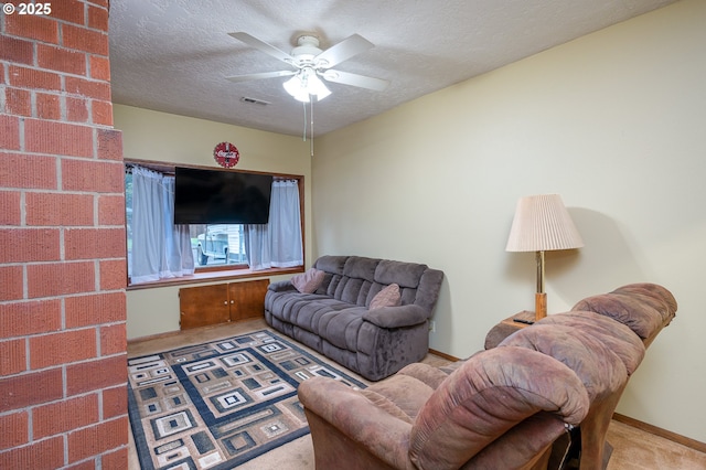 11102 SE 51st Ave, Milwaukie, OR 97222 - carpeted living area with ceiling fan, a textured ceiling, and baseboards