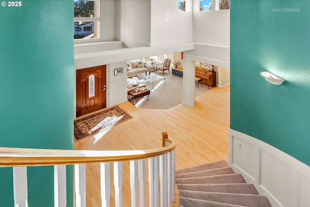 entryway with a high ceiling, wood-type flooring, and a healthy amount of sunlight