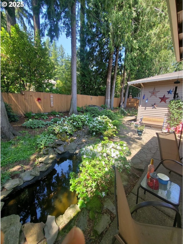 view of yard with a small pond and a patio area