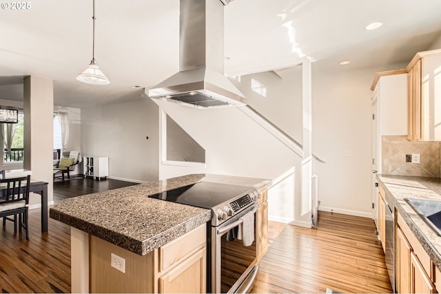 kitchen with light brown cabinets, island exhaust hood, stainless steel appliances, decorative backsplash, and dark wood-style flooring