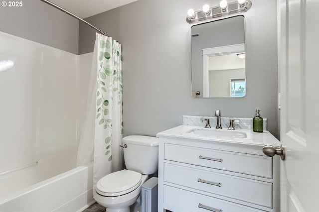 full bathroom with vanity, toilet, and shower / tub combo with curtain