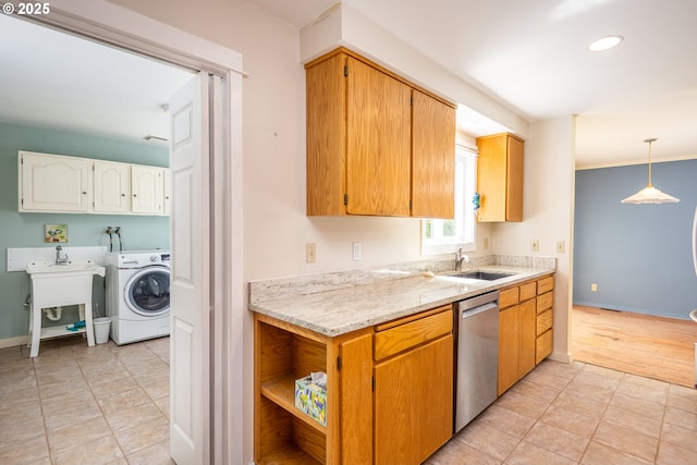 1444 Russet Dr, Eugene, OR 97401 - kitchen with washer / dryer, dishwasher, light stone counters, recessed lighting, and pendant lighting