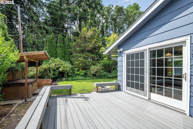 1444 Russet Dr, Eugene, OR 97401 - wooden deck featuring a hot tub and a lawn