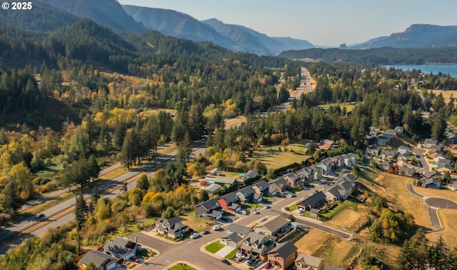 birds eye view of property featuring a view of trees, a residential view, and a mountain view