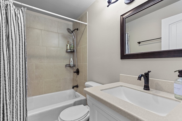 bathroom featuring vanity, shower / tub combo, and toilet