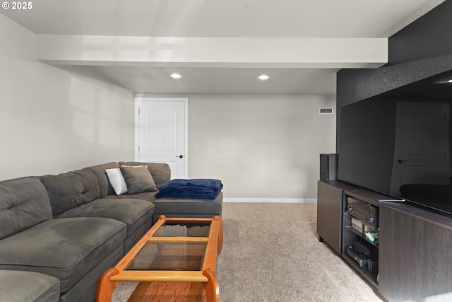 living room featuring visible vents, baseboards, carpet floors, beam ceiling, and recessed lighting