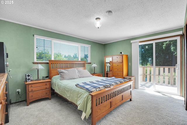 4420 NW 187th Ave, Portland, OR 97229 - bedroom with light carpet, access to outside, a textured ceiling, and crown molding