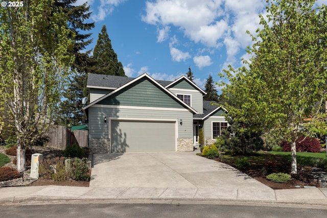 34511 Noble Rd, Saint Helens, OR 97051 - craftsman house with stone siding, a garage, driveway, and fence