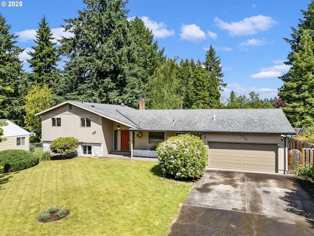 12370 SW 121st Ave, Tigard, OR 97223 - view of front facade with an attached garage, driveway, a shingled roof, and a chimney