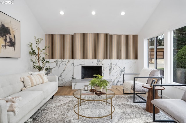 living room with hardwood / wood-style floors and vaulted ceiling