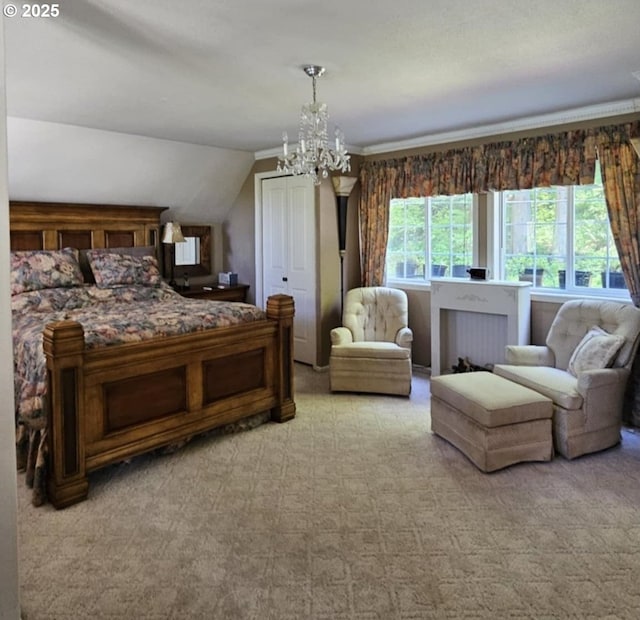 bedroom with light colored carpet, lofted ceiling, and a chandelier
