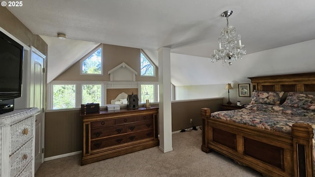 41485 Deerhorn Rd, Springfield, OR 97478 - bedroom with light colored carpet, lofted ceiling, and a chandelier