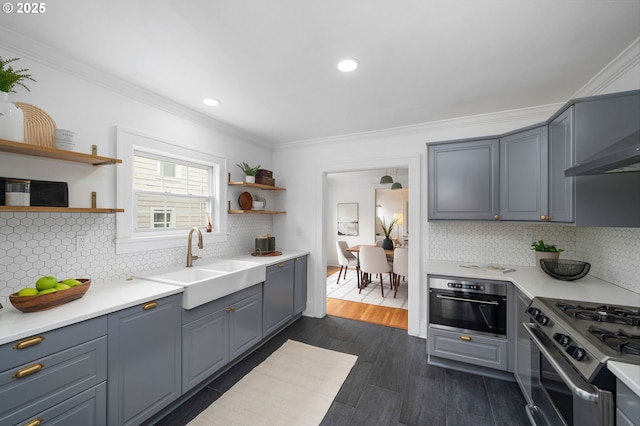 3321 NE 13th Ave, Portland, OR 97212 - kitchen featuring appliances with stainless steel finishes, a sink, open shelves, crown molding, and light countertops