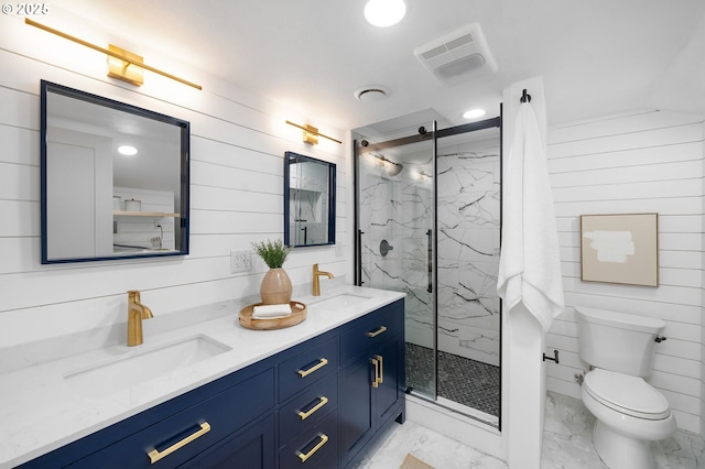3321 NE 13th Ave, Portland, OR 97212 - full bath featuring marble finish flooring, a marble finish shower, double vanity, wooden walls, and toilet