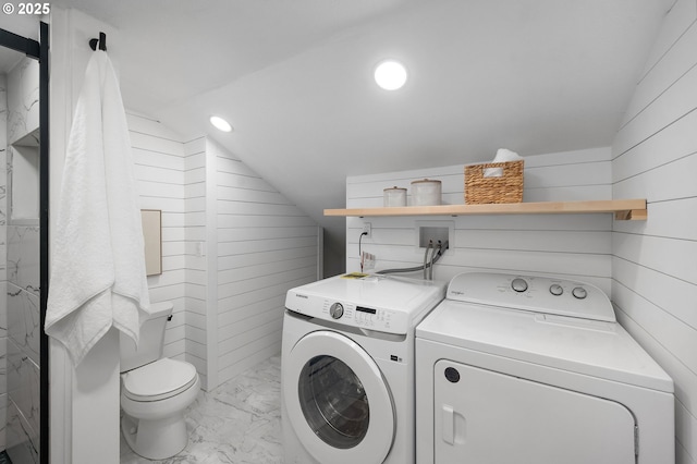 3321 NE 13th Ave, Portland, OR 97212 - laundry room with light marble finish flooring, separate washer and dryer, wood walls, and recessed lighting