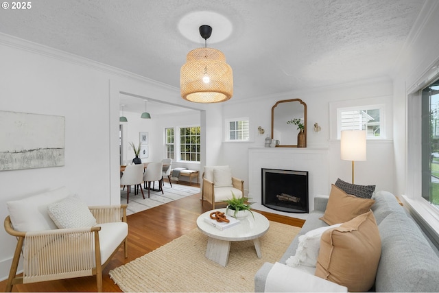 3321 NE 13th Ave, Portland, OR 97212 - living area with wood finished floors, ornamental molding, a textured ceiling, and a tiled fireplace