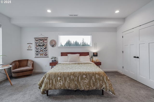 bedroom featuring recessed lighting, baseboards, visible vents, and carpet flooring