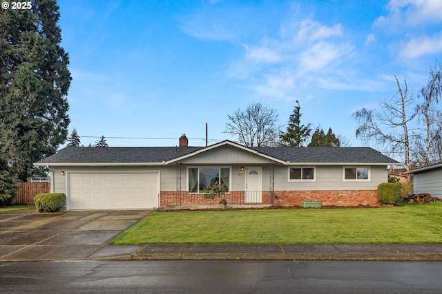 ranch-style home featuring fence, concrete driveway, a front yard, a chimney, and a garage