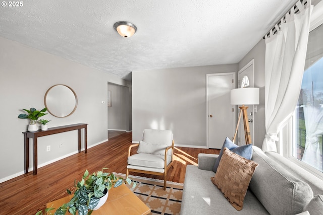 living area featuring wood finished floors, baseboards, and a textured ceiling