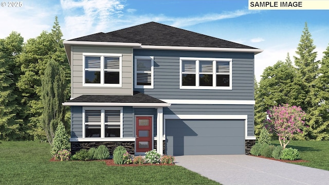 view of front facade with roof with shingles, an attached garage, a front yard, stone siding, and driveway