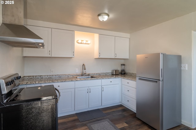 kitchen featuring white cabinets, dark wood-style floors, stainless steel appliances, ventilation hood, and a sink