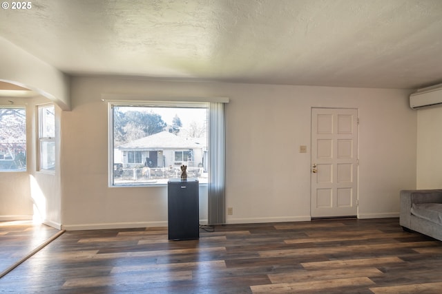 foyer with dark wood-type flooring, arched walkways, a healthy amount of sunlight, and baseboards