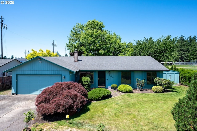 1363 SE 135th Ave, Portland, OR 97233 - ranch-style home with a garage, a chimney, driveway, and a shingled roof