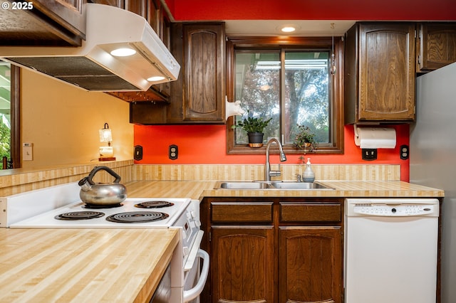 1363 SE 135th Ave, Portland, OR 97233 - kitchen featuring white appliances, a sink, butcher block countertops, and wall chimney range hood