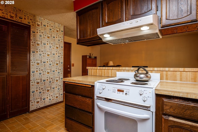 1363 SE 135th Ave, Portland, OR 97233 - kitchen featuring electric stove, under cabinet range hood, baseboards, brick patterned floors, and a textured ceiling