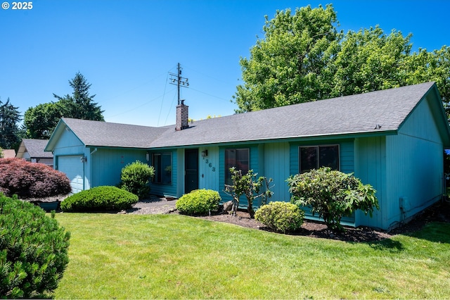 1363 SE 135th Ave, Portland, OR 97233 - single story home with a garage, a chimney, a front yard, and a shingled roof