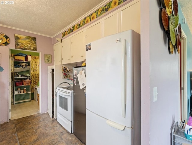 kitchen featuring white appliances, crown molding, white cabinetry, and a textured ceiling