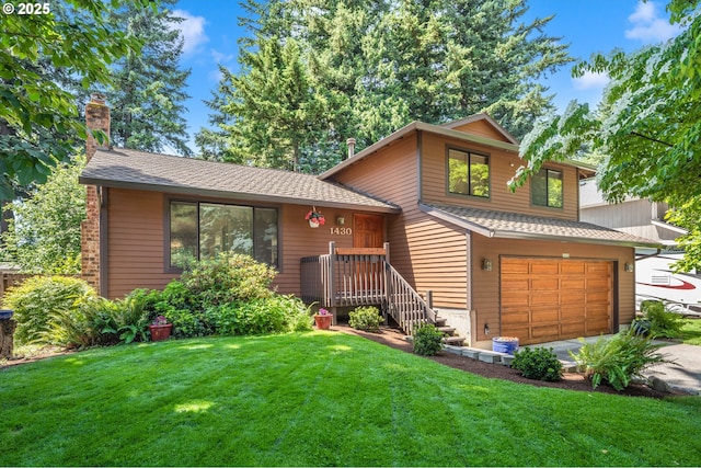 1430 NW 19th St, Gresham, OR 97030 - tri-level home with a front lawn, a garage, a chimney, and roof with shingles