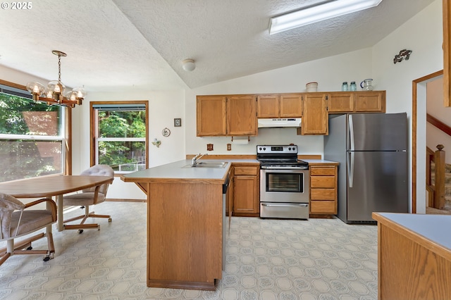 1430 NW 19th St, Gresham, OR 97030 - kitchen featuring appliances with stainless steel finishes, under cabinet range hood, a peninsula, a textured ceiling, and a chandelier