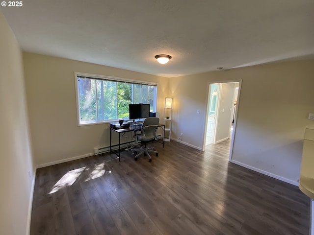office with dark wood-style flooring, baseboards, and a baseboard radiator