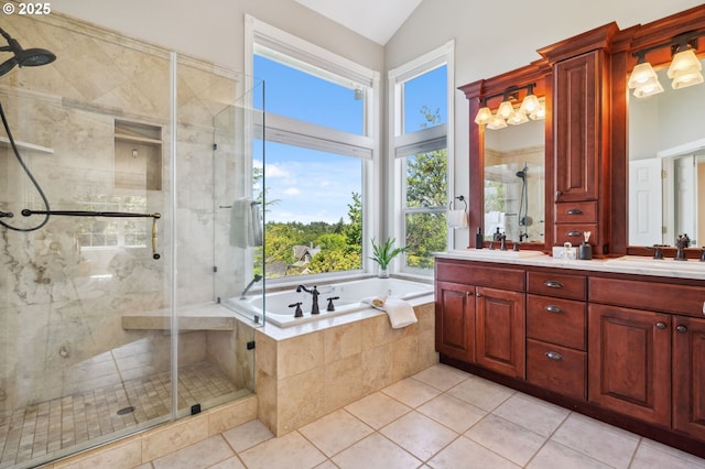 1365 NW 96th Ave, Portland, OR 97229 - bathroom with double vanity, a garden tub, a stall shower, tile patterned floors, and vaulted ceiling