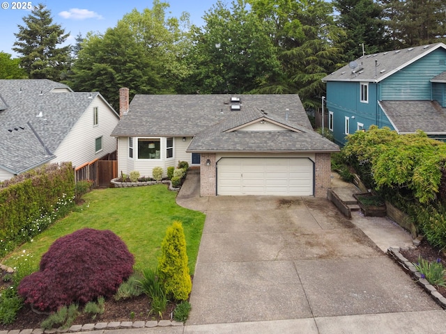 view of front of property featuring brick siding, concrete driveway, a chimney, roof with shingles, and a garage