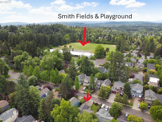 aerial perspective of suburban area with a forest
